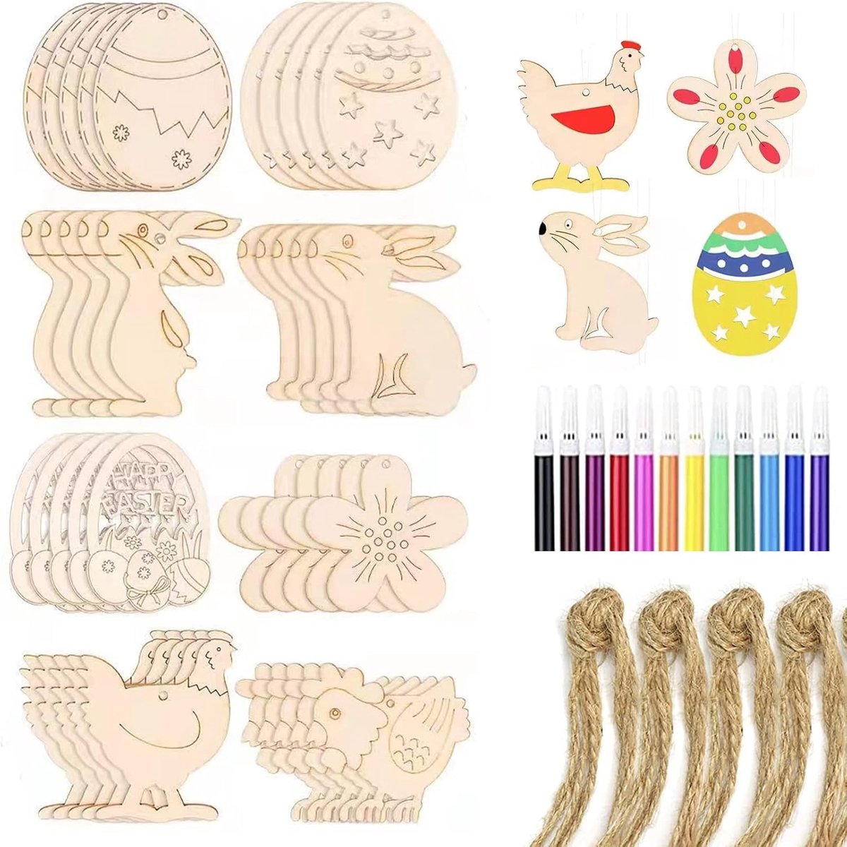 40pcs Pasen Knutselset Houten Ornamenten - Ongefinished Knutseldecoraties - Hangende Versi