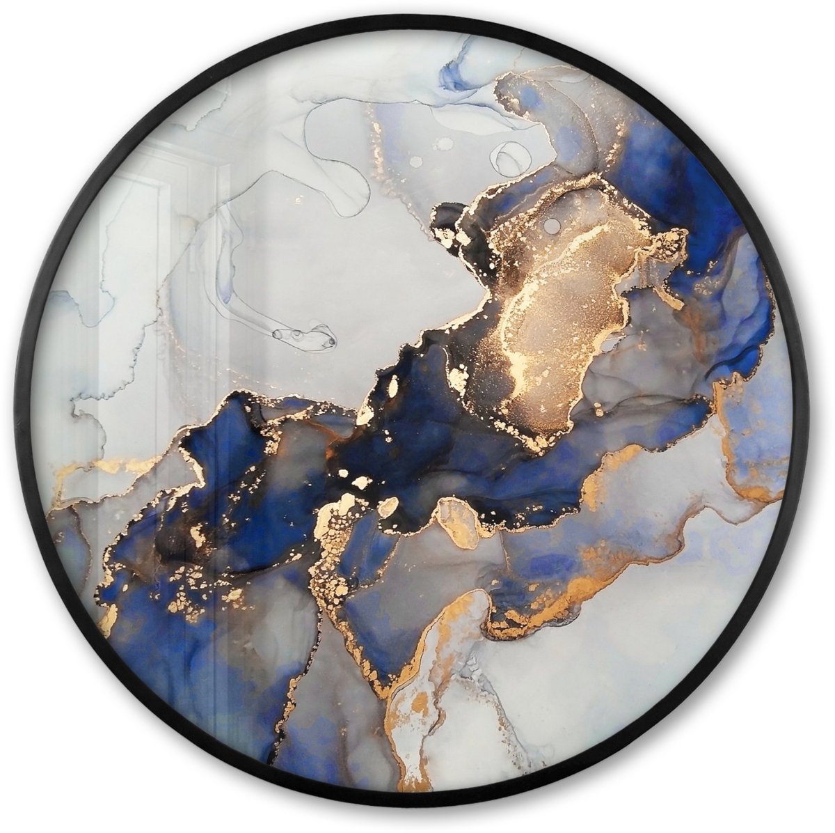 FrameYourWall Poster in lijst Rond - Fotolijst 60x60 cm - Posters - Marmer - Blauw - Goud - Ronde posterlijst zwart - Decoratie - Wanddecoratie woonkamer - Muurdecoratie slaapkamer