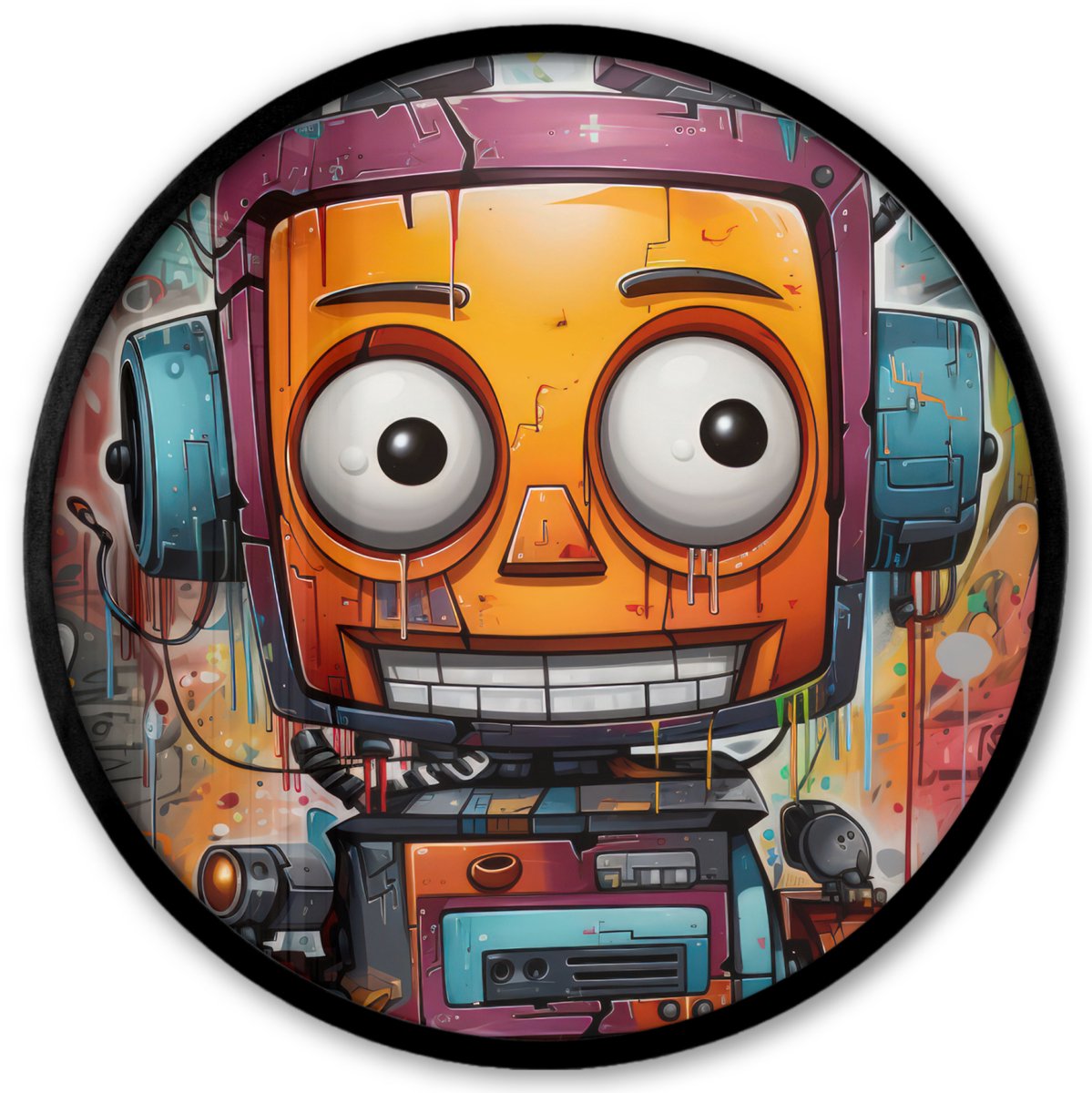 FrameYourWall Poster in lijst Rond - Fotolijst 40x40 cm - Posters - Robot - Graffiti - Oranje - Kleuren - Ronde posterlijst zwart - Decoratie - Wanddecoratie woonkamer - Muurdecoratie slaapkamer Robot - Kleurrijk