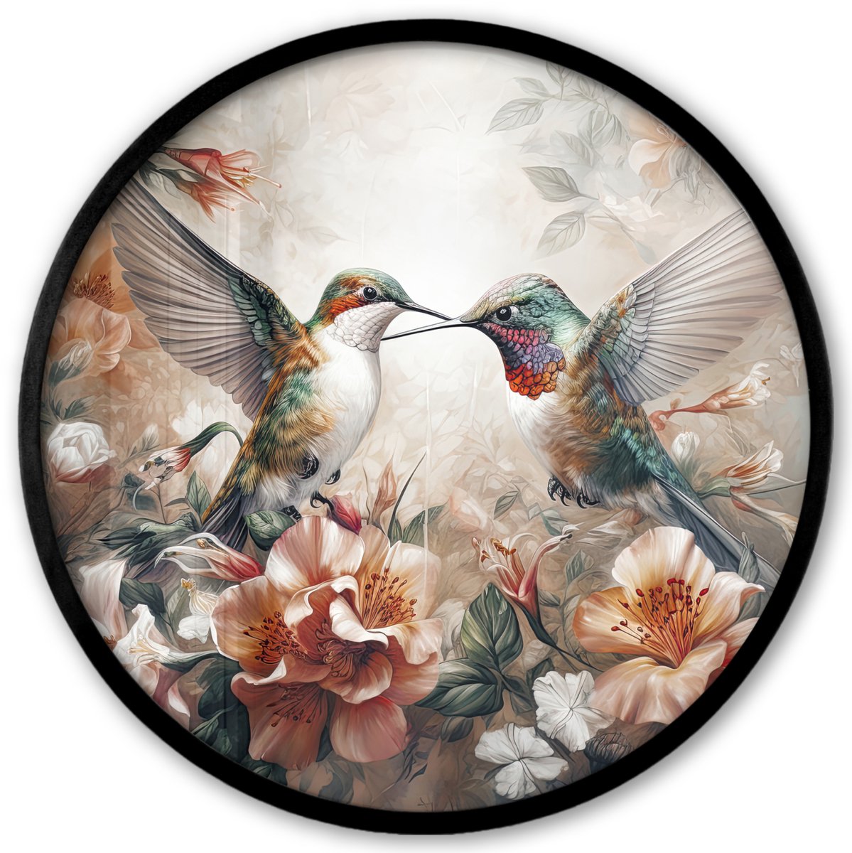 FrameYourWall Poster in lijst Rond - Fotolijst 40x40 cm - Posters - Kolibrie - Vogels - Bloemen - Natuur - Ronde posterlijst zwart - Decoratie - Wanddecoratie woonkamer - Muurdecoratie slaapkamer