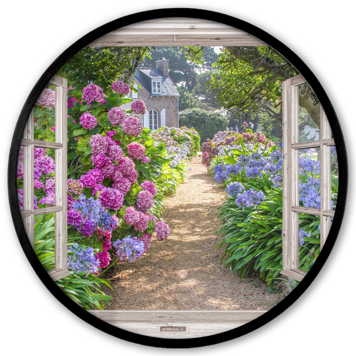 FrameYourWall Poster in lijst Rond - Fotolijst 40x40 cm - Posters - Hortensia - Doorkijk - Bloemen - Zomer - Paars - Pad - Ronde posterlijst zwart - Decoratie - Wanddecoratie woonkamer - Muurdecoratie slaapkamer Doorkijk - Hortensia