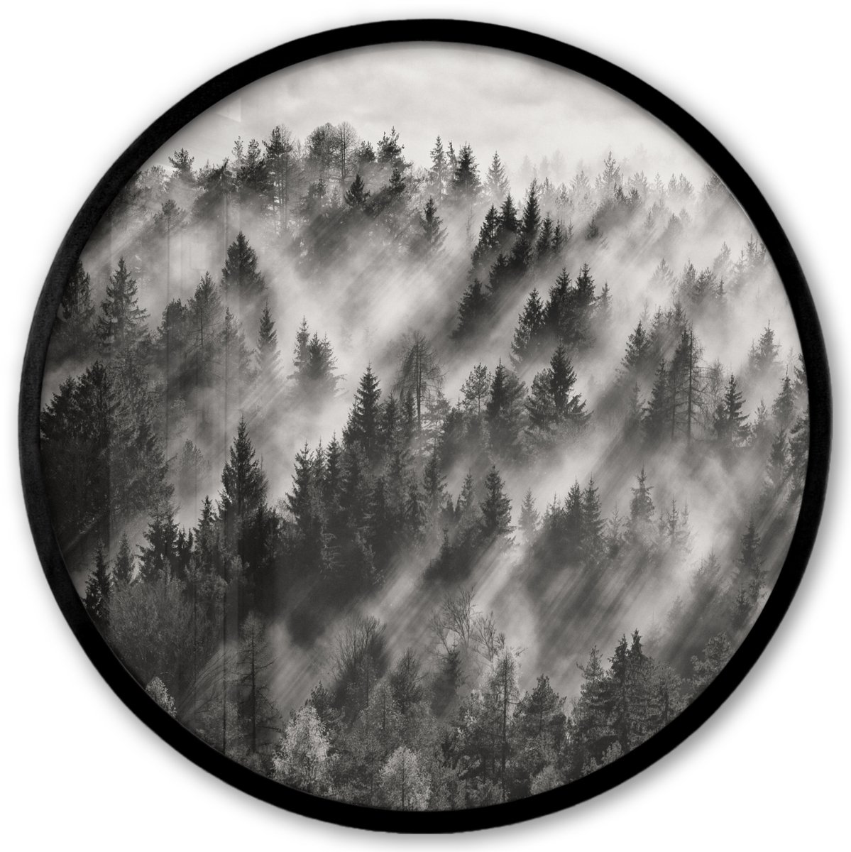 FrameYourWall Poster in lijst Rond - Fotolijst 40x40 cm - Posters - Landschap - Mist - Bos - Natuur - Ronde posterlijst zwart - Decoratie - Wanddecoratie woonkamer - Muurdecoratie slaapkamer Multicolor