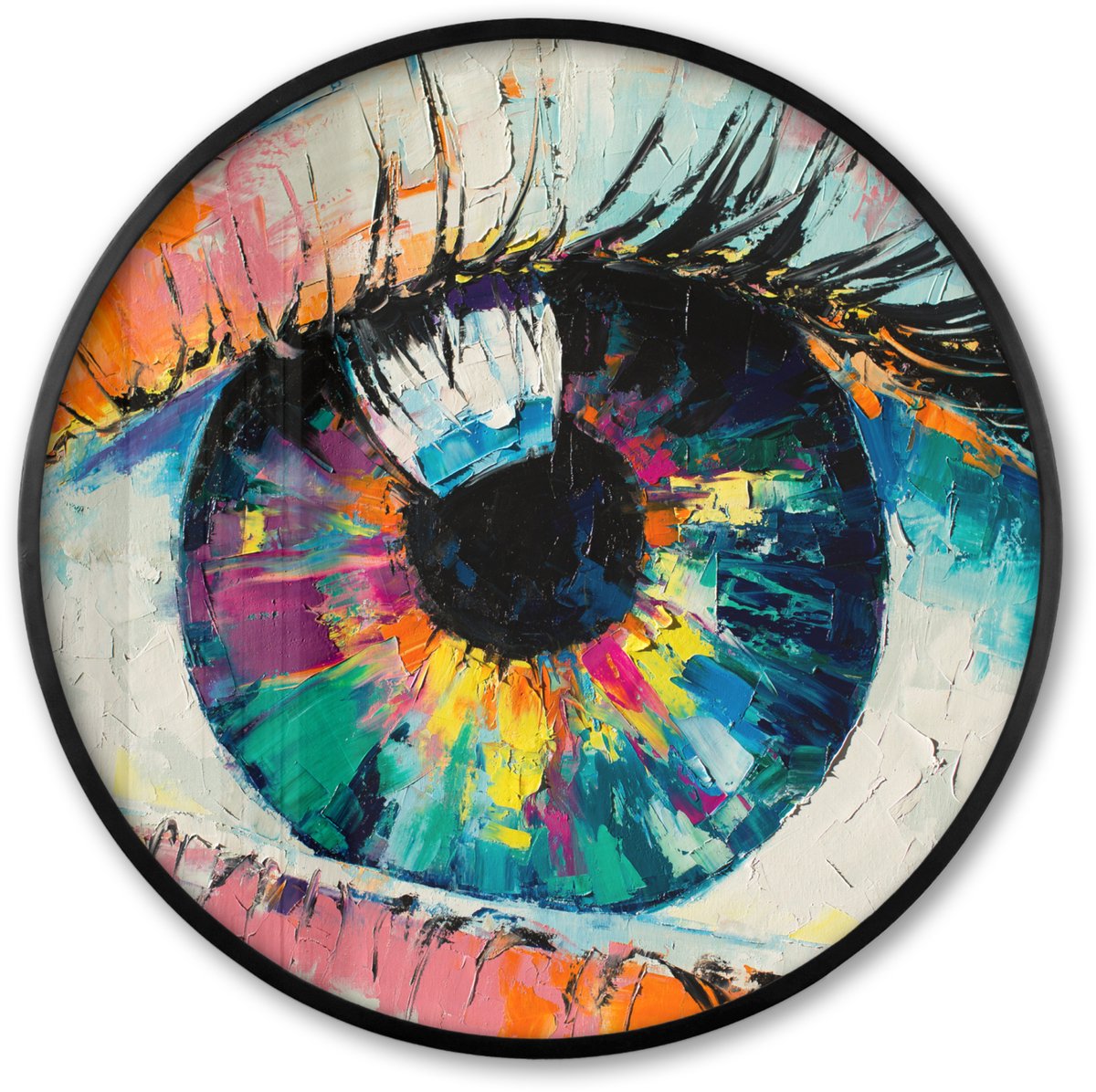 FrameYourWall Poster in lijst Rond - Fotolijst 60x60 cm - Posters - Schilderij - Olieverf - Oog - Kleuren - Ronde posterlijst zwart - Decoratie - Wanddecoratie woonkamer - Muurdecoratie slaapkamer Multicolor