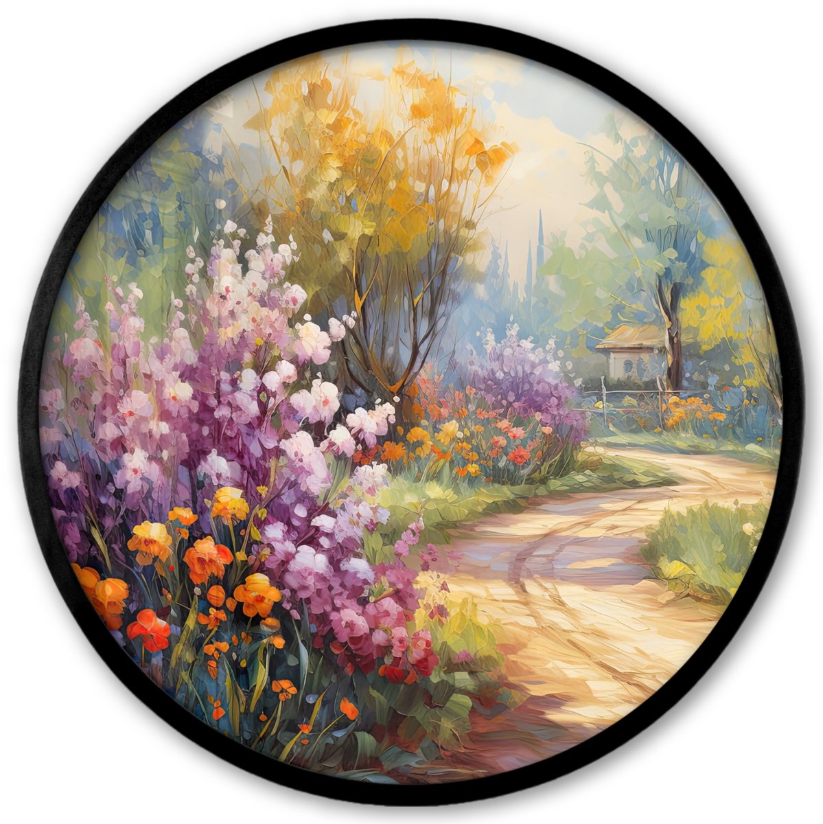FrameYourWall Poster in lijst Rond - Fotolijst 40x40 cm - Posters - Bloemen - Bomen - Kunst - Watercolor - Ronde posterlijst zwart - Decoratie - Wanddecoratie woonkamer - Muurdecoratie slaapkamer Bloemen - Bos - Kunst