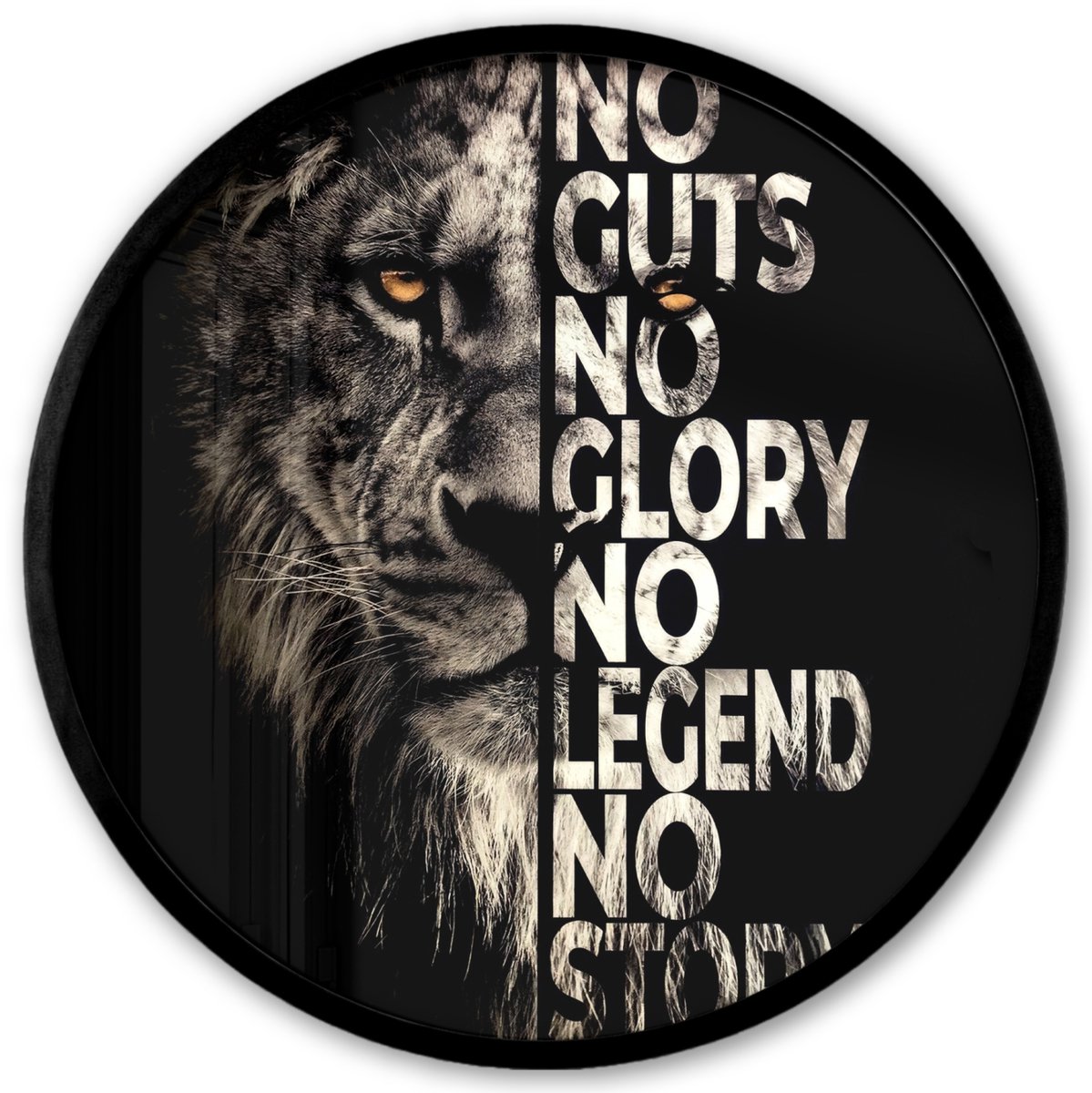 FrameYourWall Poster in lijst Rond - Fotolijst 40x40 cm - Posters - Leeuw - Zwart - Dieren - Quote - Motivatie - Industrieel - Ronde posterlijst zwart - Decoratie - Wanddecoratie woonkamer - Muurdecoratie slaapkamer Leeuw - Quote