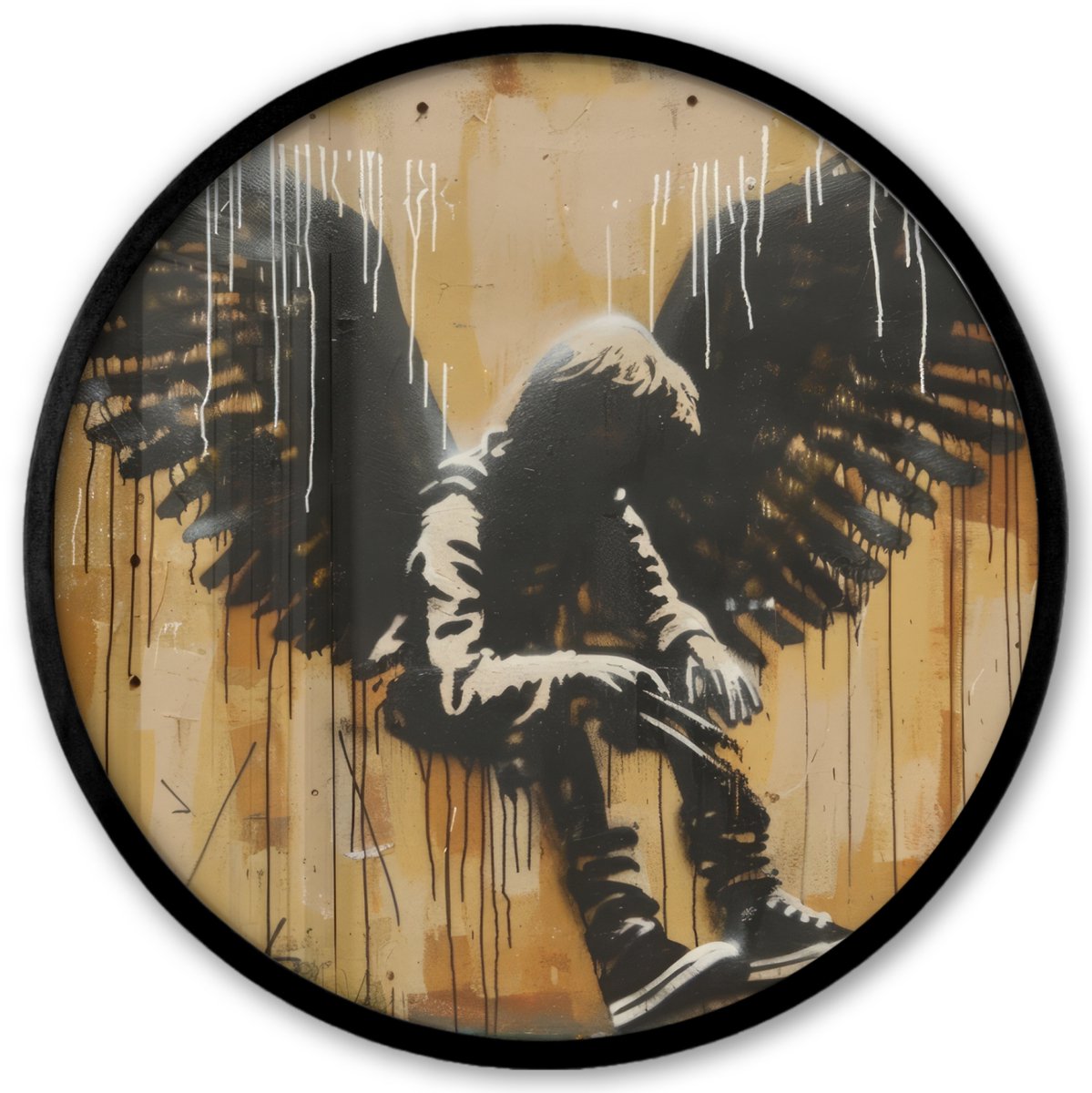 FrameYourWall Poster in lijst Rond - Fotolijst 40x40 cm - Posters - Graffiti - Kunst - Vleugels - Street art - Banksy Style - Ronde posterlijst zwart - Decoratie - Wanddecoratie woonkamer - Muurdecoratie slaapkamer Jongen - Vleugels