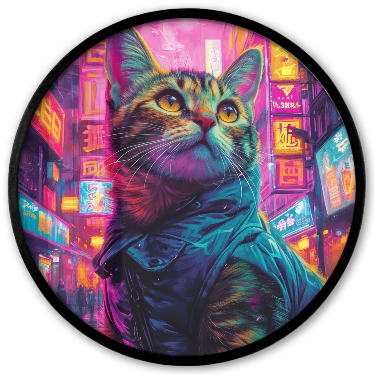 FrameYourWall Poster in lijst Rond - Fotolijst 40x40 cm - Posters - Kat - Pop art - China - Neon - Stad - Ronde posterlijst zwart - Decoratie - Wanddecoratie woonkamer - Muurdecoratie slaapkamer Neon - Kat