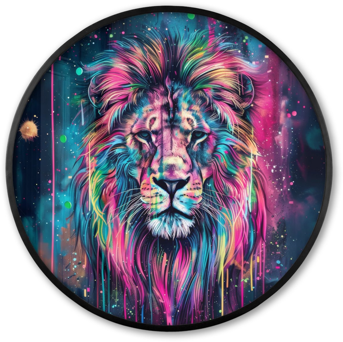 FrameYourWall Poster in lijst Rond - Fotolijst 60x60 cm - Posters - Leeuw - Verf - Kleurrijk - Zwart - Dieren - Ronde posterlijst zwart - Decoratie - Wanddecoratie woonkamer - Muurdecoratie slaapkamer