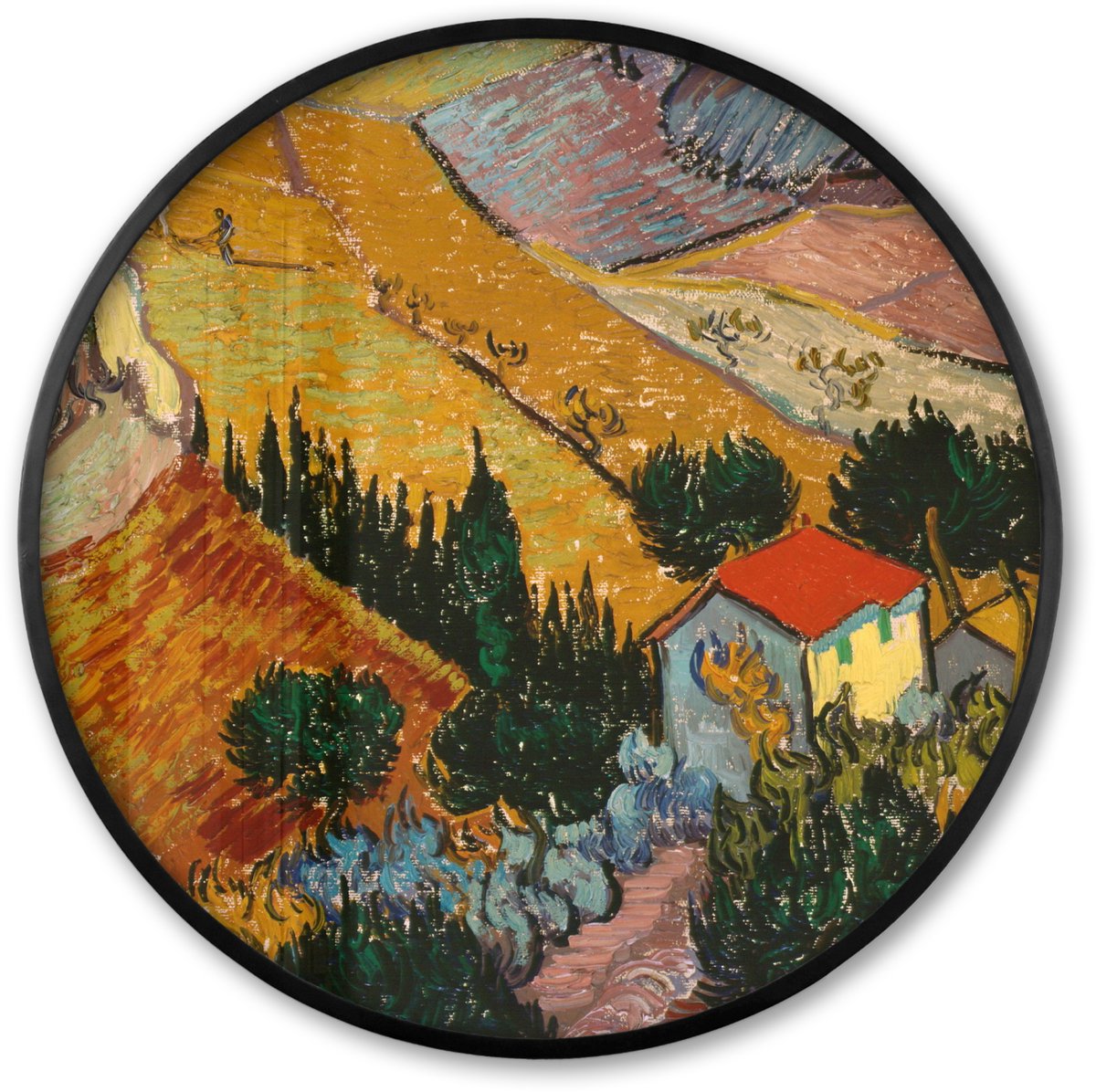 FrameYourWall Poster in lijst Rond - Fotolijst 60x60 cm - Posters - Landschap met een huis en een ploeger - Vincent van Gogh - Ronde posterlijst zwart - Decoratie - Wanddecoratie woonkamer - Muurdecoratie slaapkamer Multicolor