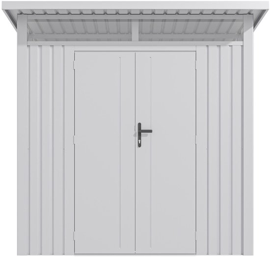 Rockford Porto 200 metalen tuinhuis met lessenaarsdak - Tuinschuur met centraal slot, polycarbonaat ramen en regenpijpen - 232 x 254 cm - Lichtgrijs