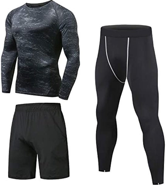 Set de Vêtements de Fitness pour homme (3 pièces) - Tenue de Sport de compression pour la gym, le Yoga et la Course à pied