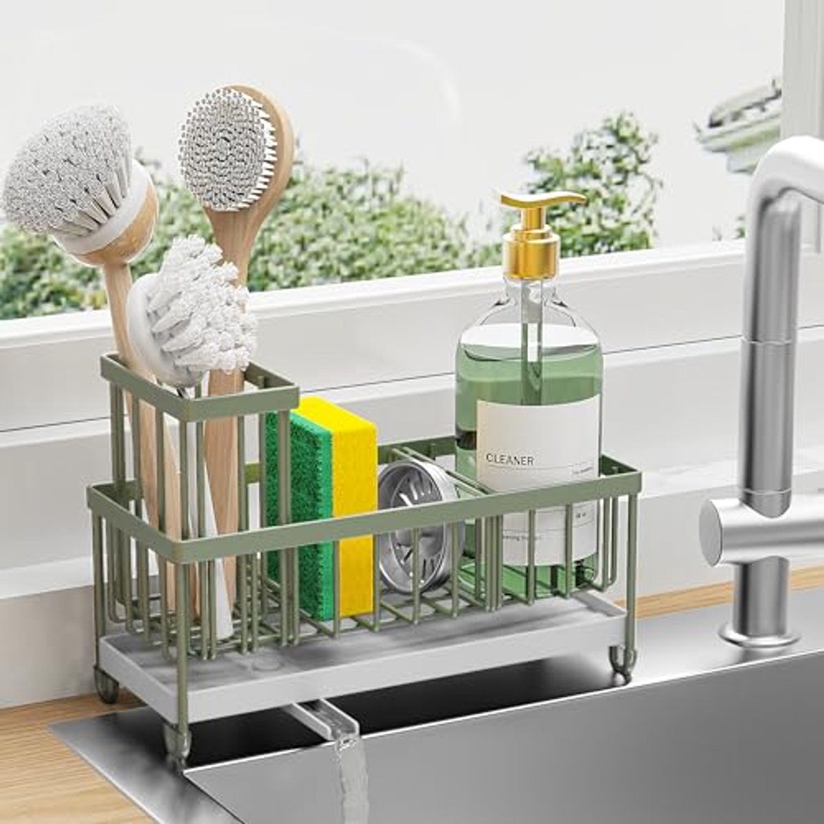 Sponshouder voor de gootsteen met hoge borstelhouder - RVS afwasorganizer en zeepdispenser