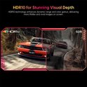 Split screen: linkse helft toont rode Dodge Challenger in HDR10; rechtse helft toont vergelijkbare auto in SDR, met auto op achtergrond.