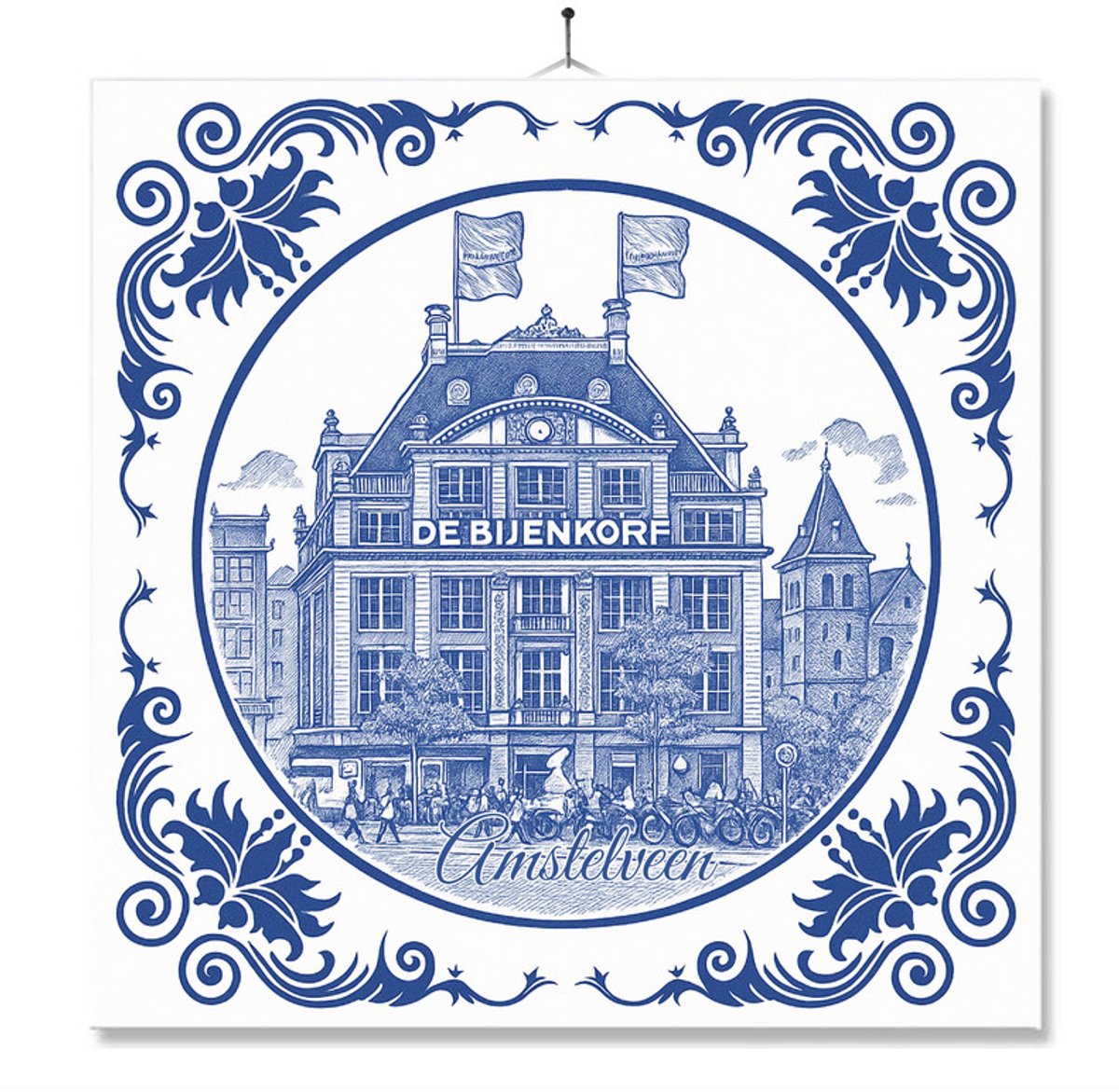 Tegel Met Opdruk | Amstelveen | Delft Blauw | Cadeau | Inclusief Geschenkdoos | Standaard | Ophangsysteem