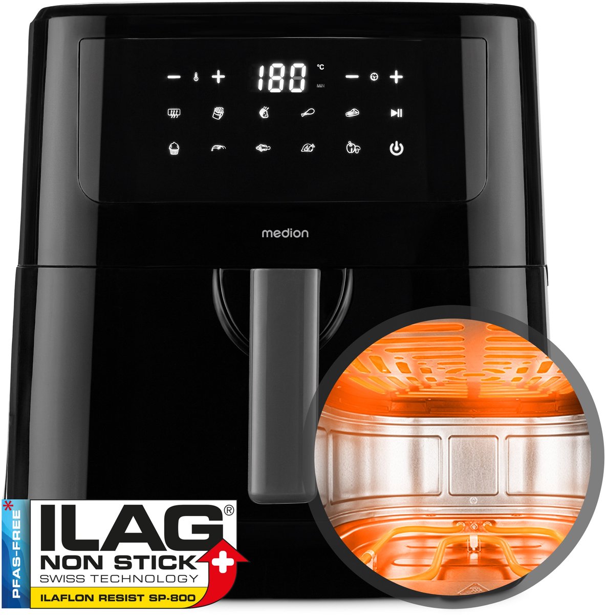Medion P10 Airfryer XXL - Heteluchtfriteuse XXL - Frituurmand 68 liter - Hetelucht Oven - 2150 Watt - 9 automatische programma's - Zwart