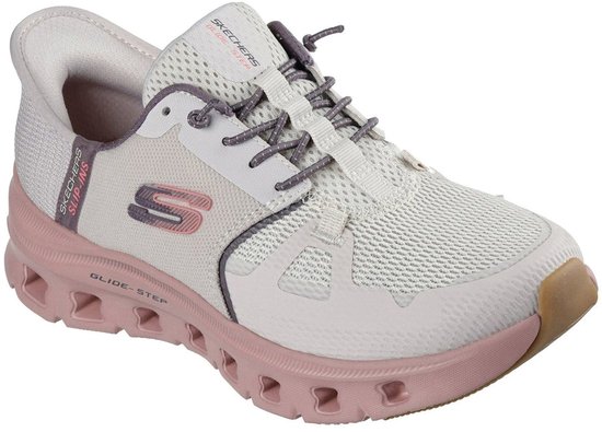 Zijanzicht van een witte Skechers Slip-Ins Glide-Step Pro instapper met roze zool en paarse accenten.