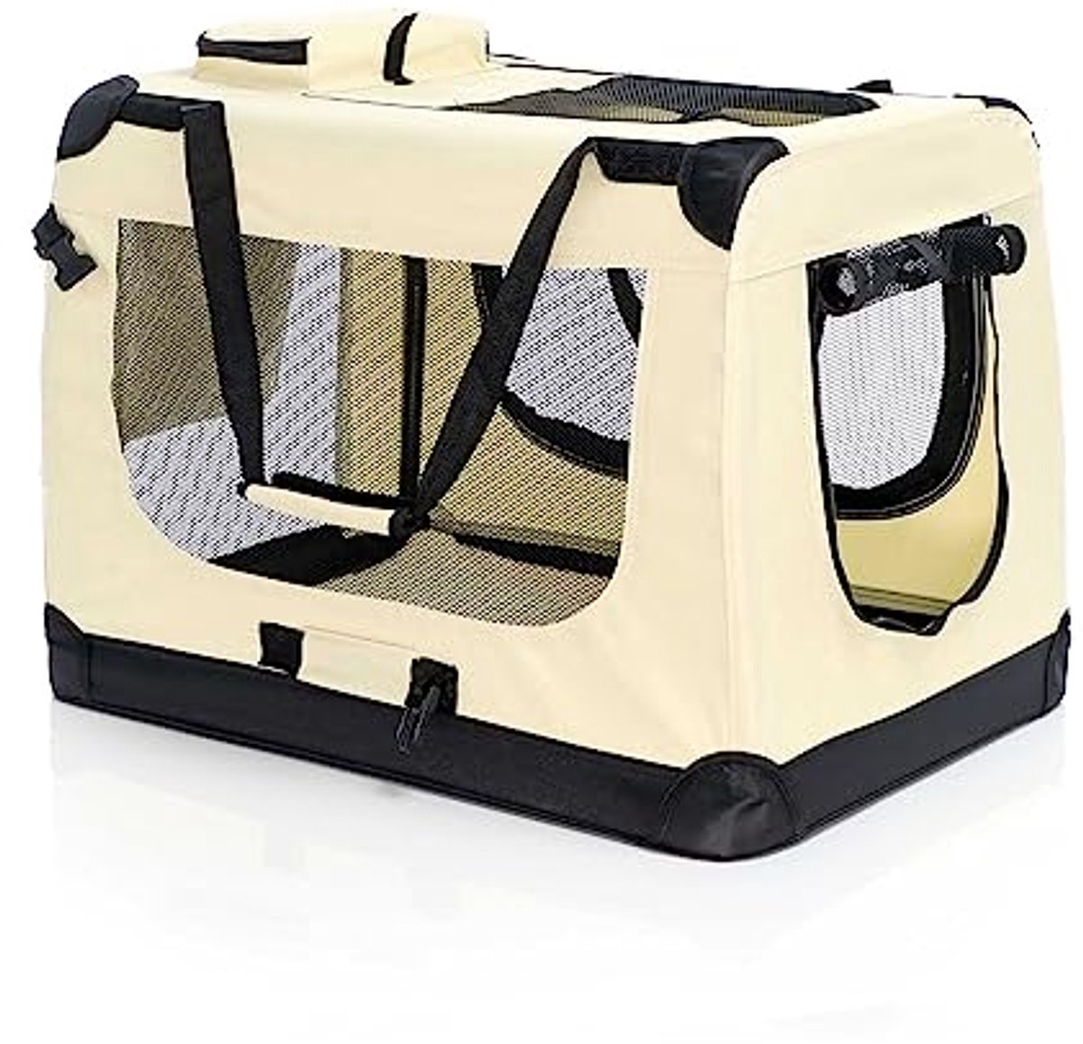 Opvouwbare beige transportbox voor huisdieren - XL (82x56x58cm) met draaggreep en zachte ligdeken