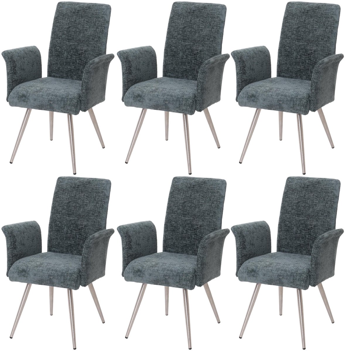 MCW Set van 6 eetkamerstoelen MCW-G55, stoel met armleuningen, geborsteld roestvrij staal, stof/textiel chenille ~ blauwgroen