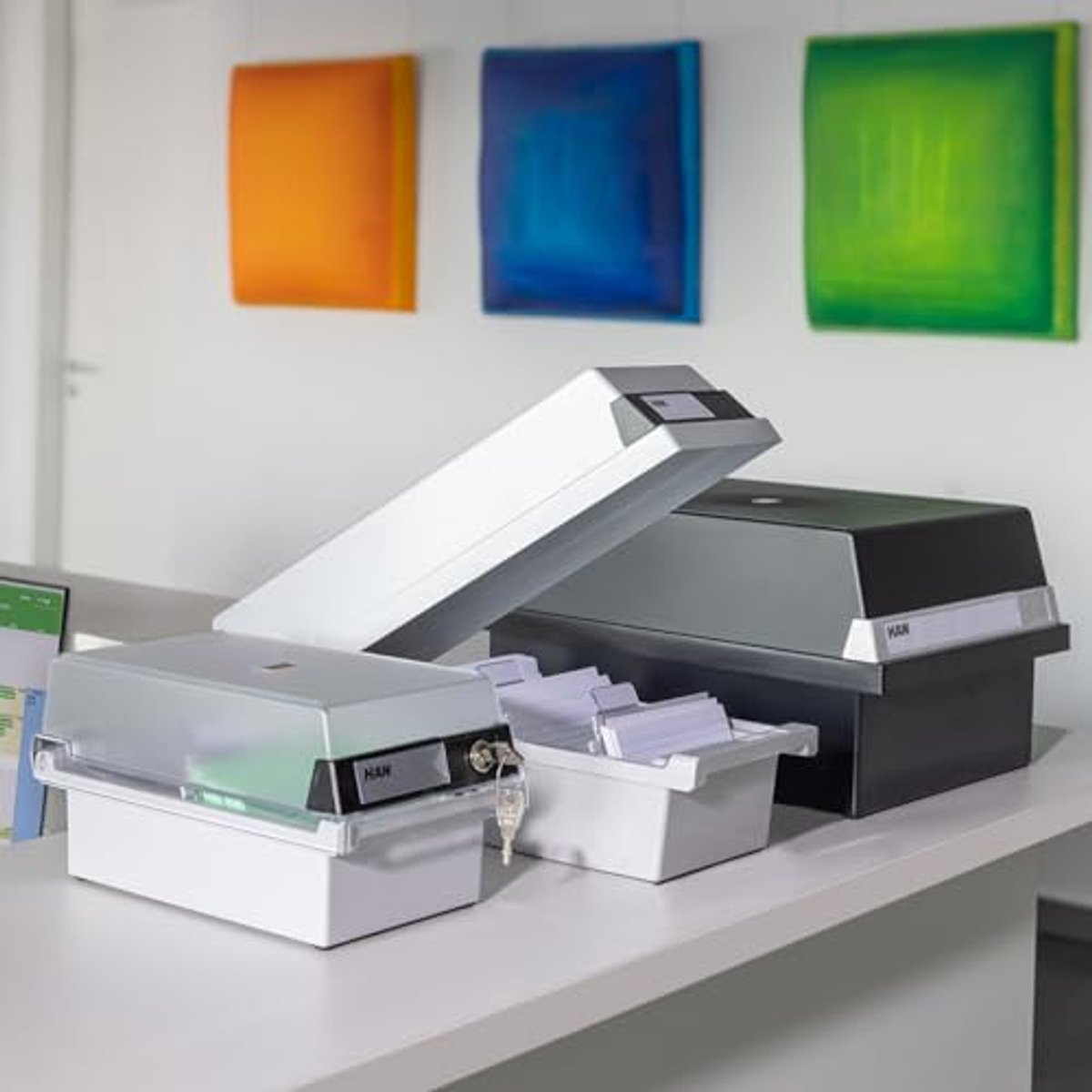 Systeemdoos voor 1.300 indexkaarten met groot tekstveld - Modern design, lichtgrijs