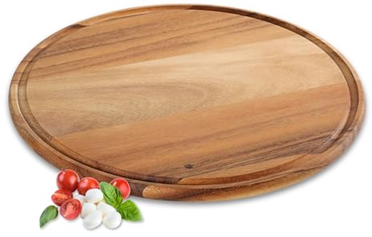 Pizzabord Ø 33 cm - Acaciahouten Serveringsplank met Sapgoot voor Pizza en Flammkuchen