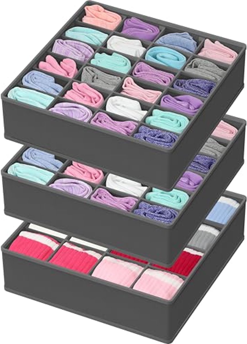Kastlade organizer voor kleding, sokken en ondergoed - 3 stuks - Donkergrijs