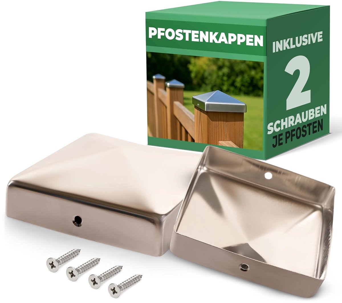 Novatool 2x RVS paaldoppen 91x91mm met schroeven, paalafdekking paaldop 9,1cm houten paal paal omheining paal omheining afdekkappen afdekkap omheining afdekking paal palenschoenen