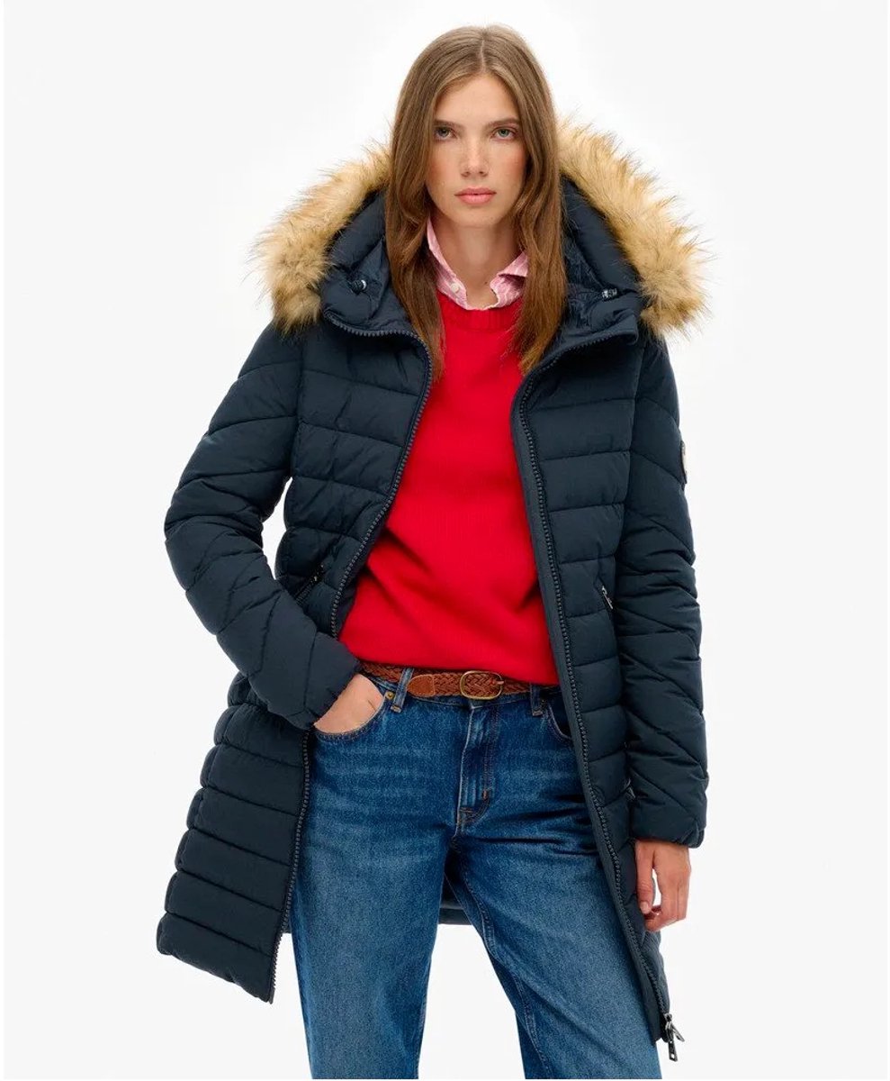 Superdry Jas Fuji Faux Fur Hood Mid Length W5011999a 98t Eclipse Dames Blauw