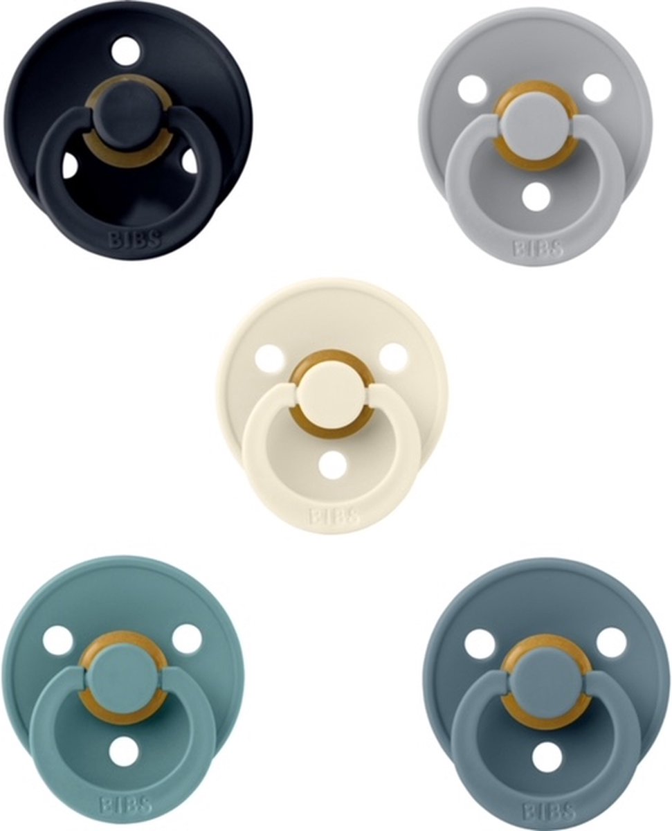Goedkoopste Bibs fopspenen 0-6 maand set 5 stuks Dark Denim, Island Sea,Cloud,Ivory en Petrol maat 1