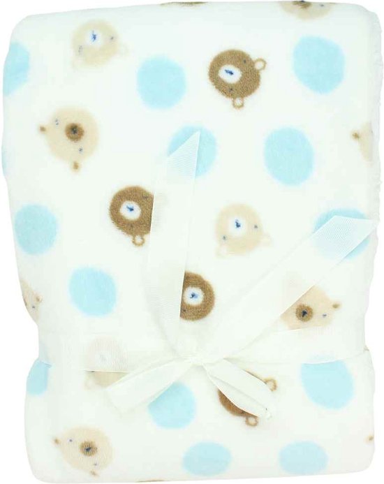 Baby fleece deken wit blauw met beertjes