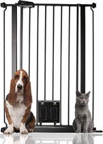 Bettacare Hekje voor Huisdieren met Vergrendelbaar Kattenluik Assortiment, 75 cm - 84 cm (36 opties beschikbaar), Zwart, Hoogte van 104 cm, Extra Hoog Honden Veiligheidshek met Kattenluik, Eenvoudige Installatie.