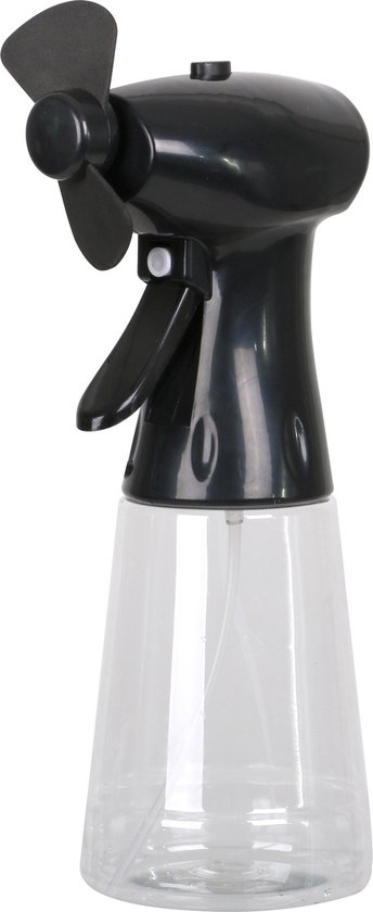 Draagbare ventilator met waterverstuiver 350 ml zwart kunststof op batterijen, handventilator voor verkoeling