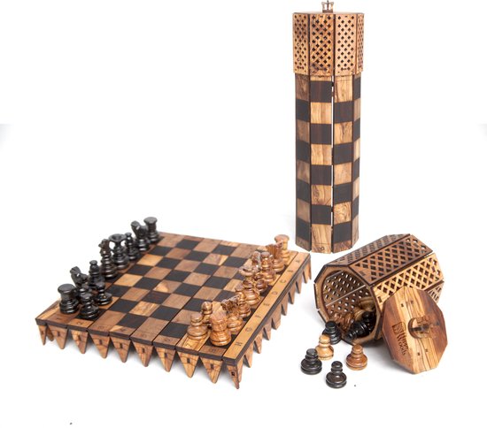 Foto: Senator luxe houten schaakset 42 x 42 cm inklapbaar schaakspel schaakbord met schaakstukken handgemaakt in polen chess board set