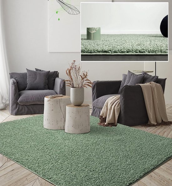 Vloerkleed 160x230 hoogpolig groen - Wasbaar met Antislip onderkant - FOXY Shaggy by The Carpet
