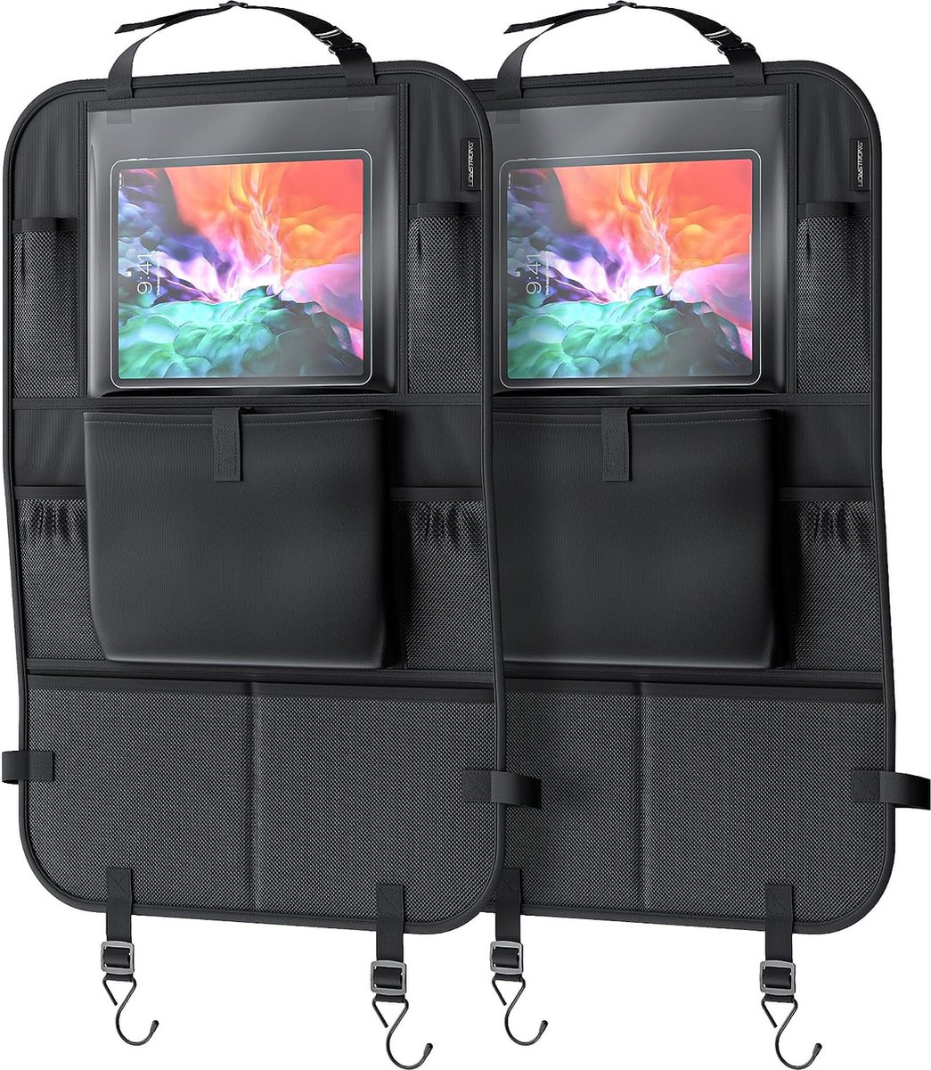 Image of 2-delige Rugleuningbeschermers Auto – PU Leer – Met iPad/Tablethouder – Met Tissuebox – Zwart