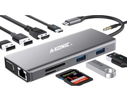 11 in 1 USB C Hub – USB Splitter – USB C – HDMI 1x, VGA 1x, SD en USB A 3x, USB c en Aux Ethernet- Windows/Mac – Aluminium Spacegrey
