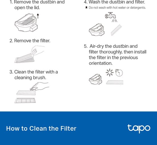 Instructies voor het reinigen van de stofbak en het filter van de robotstofzuiger.