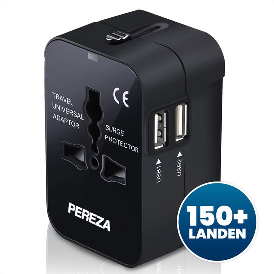 Pereza Universele Wereldstekker - met 2 Fast Charge USB Poorten - geschikt voor 150+ landen wereldwijd - Reisstekker - Populaire bestemmingen zoals Engeland, Amerika, Zuid-Afrika, USA, Italië, UK, Australië, India en nog veel meer!