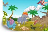 Fotobehang Kleurrijke Dinosaurussen En Vulkaan