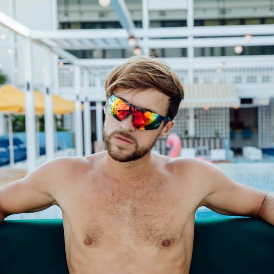 Zonnebril - Fiets - Sport - Festival bril - Rave - Voor heren en dames - Semi randloos - Glanzend - Zwart - Multicolor spiegelglas van Onbekend — afbeelding 2