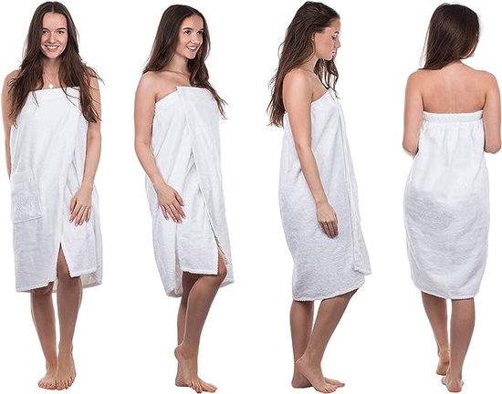 Sauna sarong voor dames, saunakilt S-XXL, met draagriemen, elastiek en kraag met merk sabel logo, 100% katoen, wit