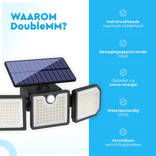 Double MM Solar slimme Wandlamp voor Buiten - Tuinverlichting op Zonne Energie - Buitenlamp - Tuinverlichting - Buitenverlichting - 167 LED - 3000 Lumen – Met Afstandsbediening Tussen 3 Standen Schakelen - DOUBLE MM