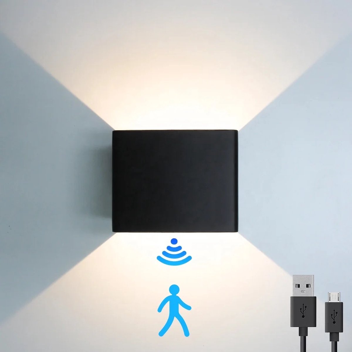 Oplaadbare wandlamp op accu - draadloze wandlamp op batterijen - nachtlampje oplaadbaar - met bewegingssensor - ALUMINIUM - 2700K - 10x10cm - zwart