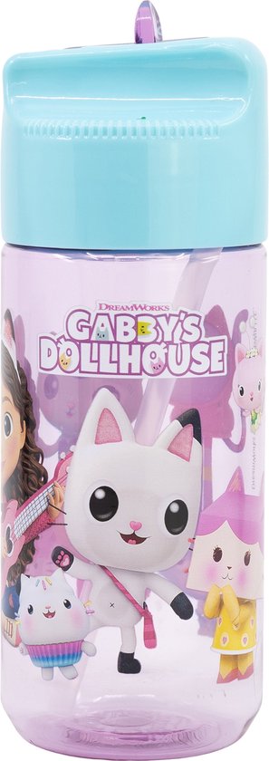 Lichtpaarse drinkfles met Gabby's Poppenhuis-personages en een lichtblauwe dop.