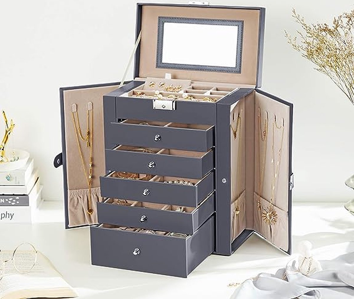 Sieradendoos, Juwelendoos, grote juwelendoos met 6 niveaus, juwelendoos met zijdelingse scharnierende deuren, laden, spiegel en slot, voor ringen, oorbellen, horloges