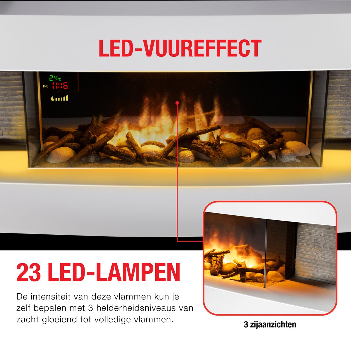 Cheminée électrique Effet flamme 2000W Thermostat réglable 3 LED Chauffage  d'appoint CLASSIC FIRE