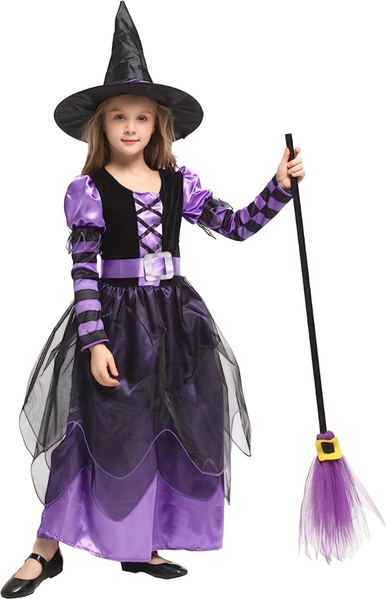 Déguisement Sorcière Enfant Halloween 4 pièces (Jupe, Bonnet, Gants, + Sac)  3-7 Ans