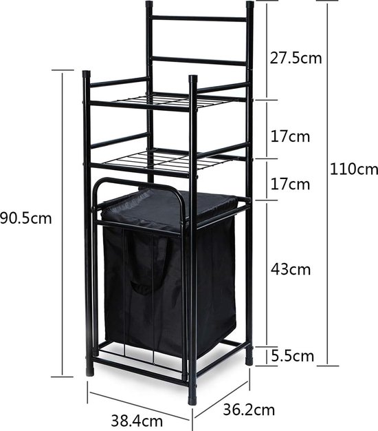 Badkamerrek van metaal met handdoekhouder en wasmand, staand rek, open ...