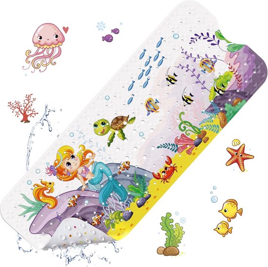 LUZOON Tapis de bain Kids 100 x 40 cm Tapis de bain antidérapant pour enfants Badmat Tapis de douche Tapis antidérapant avec ventouse Badmat parfait pour les Enfants (40 × 100 cm, Sirène)