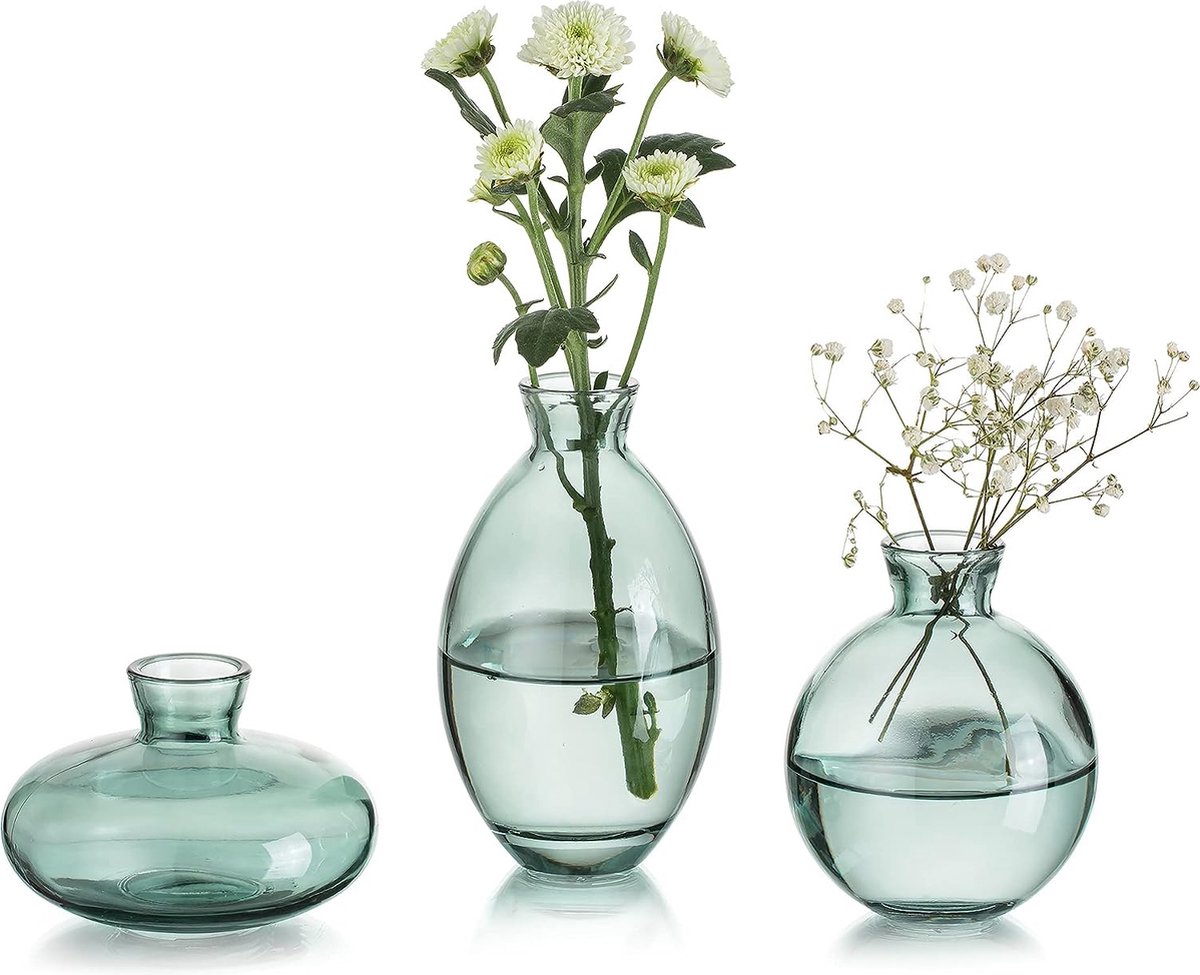 Kleine Vaas Voor Tafeldecoratie Handgemaakte Glazen Vazen Voor Bloemen, 3-Delige Groene Vintage Knopvazen Esthetische Minivaasset Voor Kawaii Woonkamerinrichting Bruiloftsdecoraties