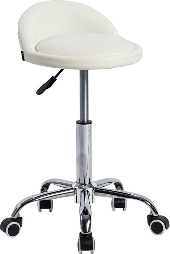 Bureaukruk met wieltjes, zadelkruk met lage rugleuning, ergonomische werkstoel, cosmetica, zadelstoel, in hoogte verstelbaar, kappersstoel, wit